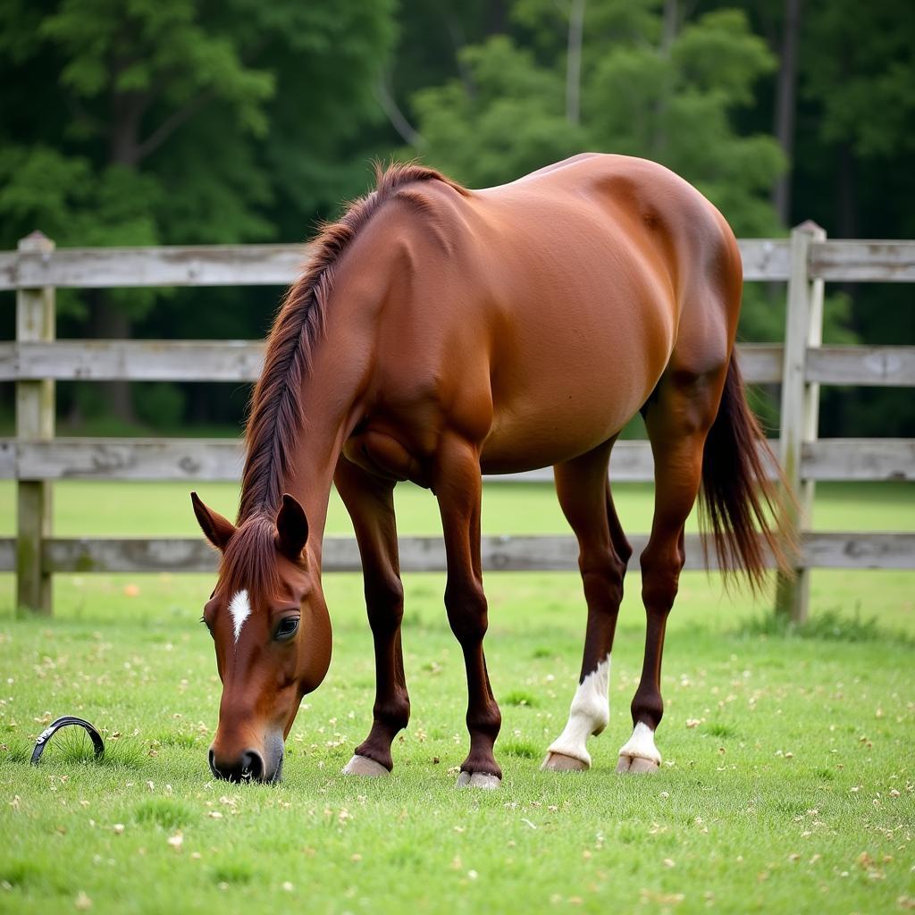 Horse Grazing in a Small, Fenced Pasture