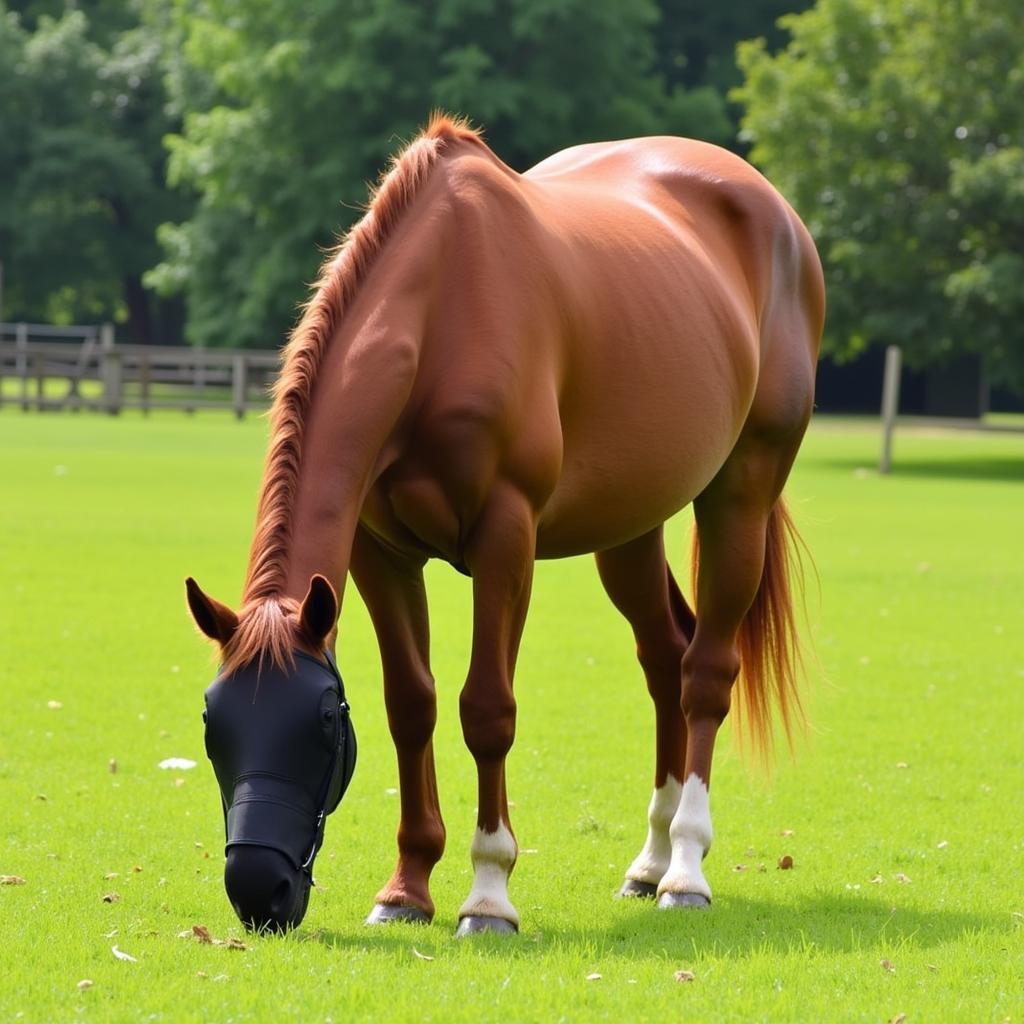 Horse Grazing with Muzzle