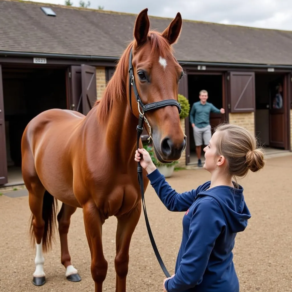 Horse and Groom in front of a stable in Bourton-on-the-Hill