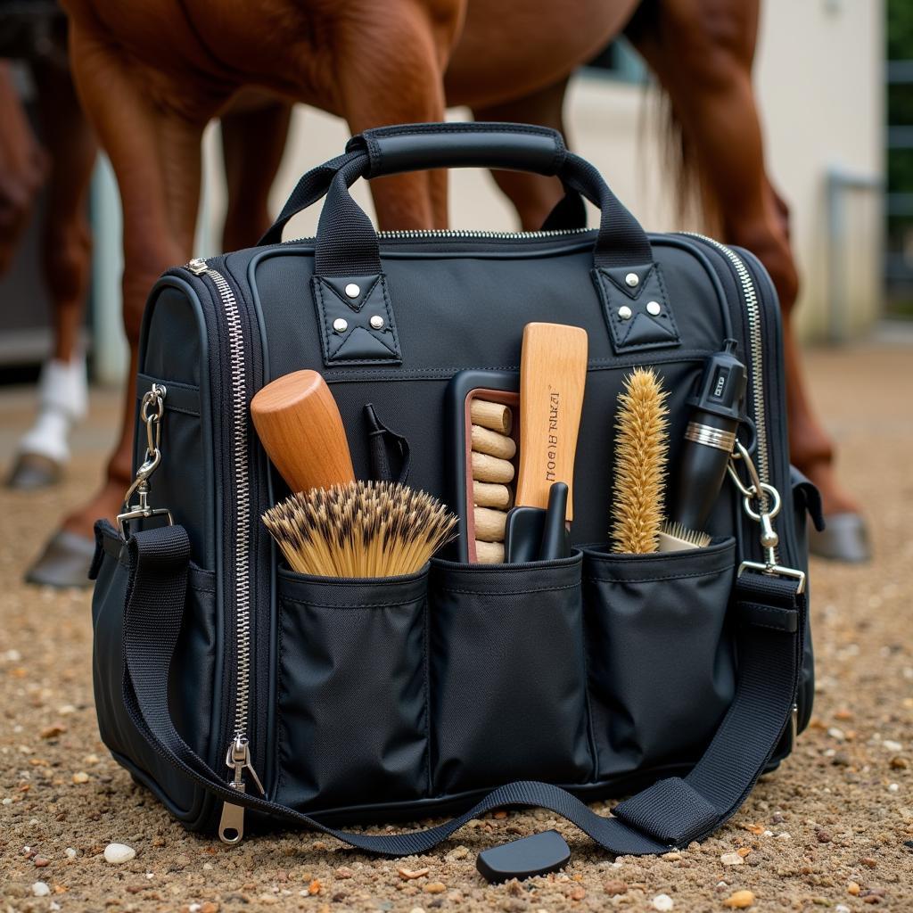 Essential horse grooming tools inside a bag