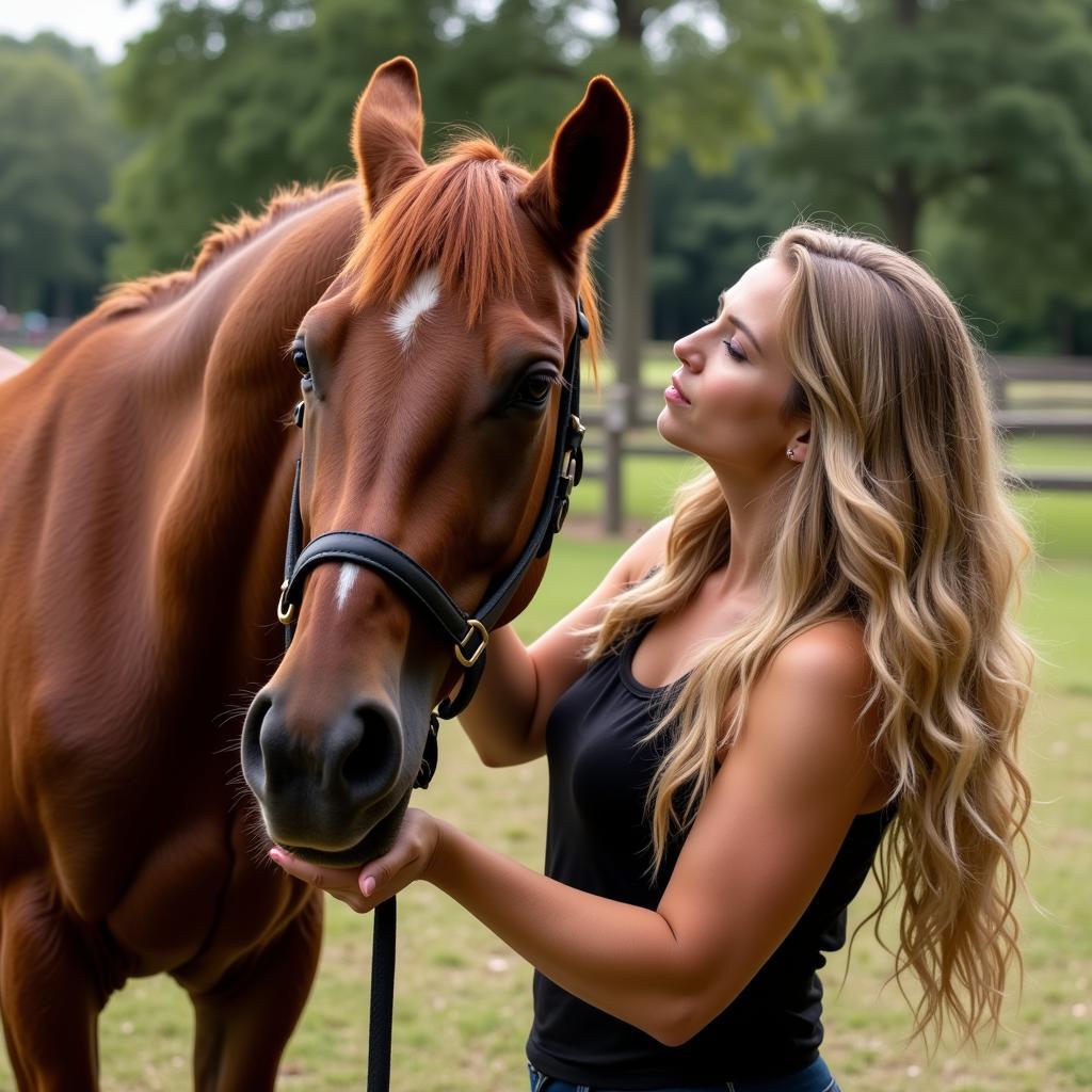 Woman grooming her horse as a reward