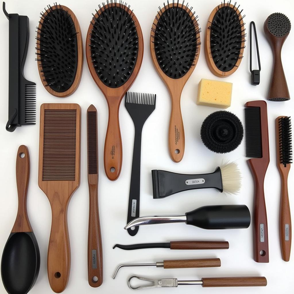 Horse grooming tools and supplies arranged for sale