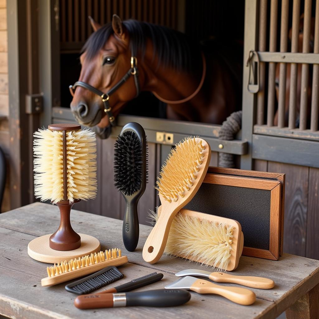 Horse grooming tools laid out on a table