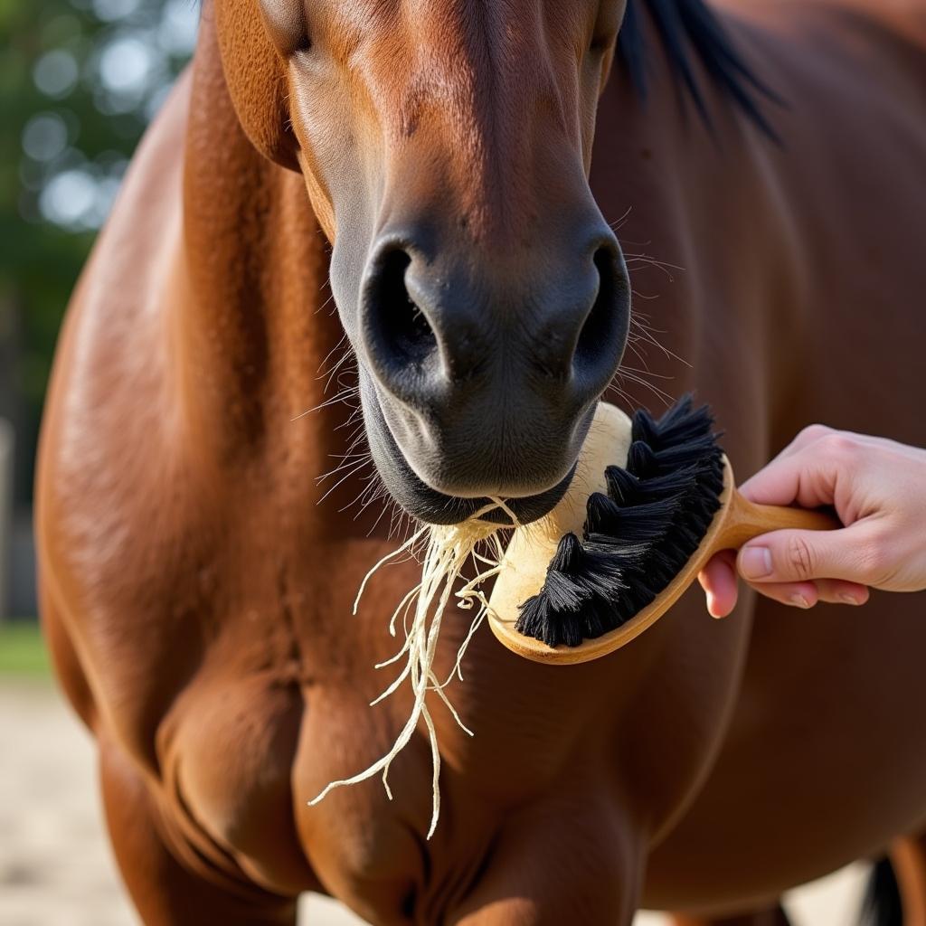 Horse Being Groomed with a Brush