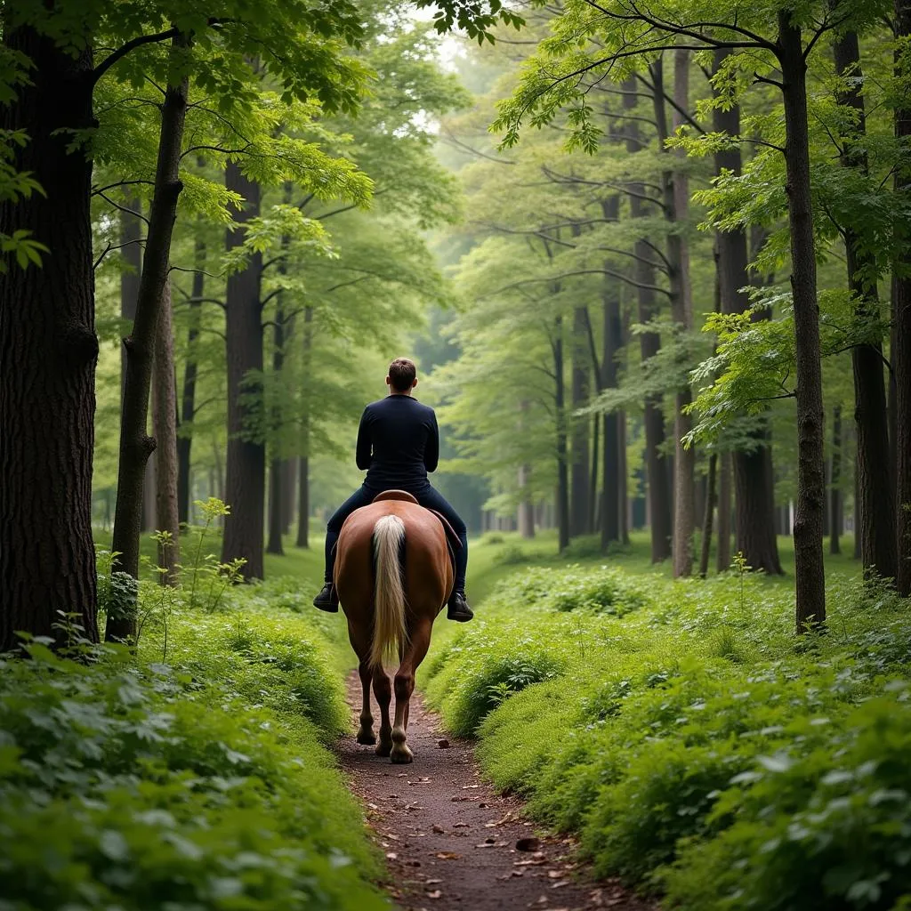 Horse hacking on a scenic forest trail