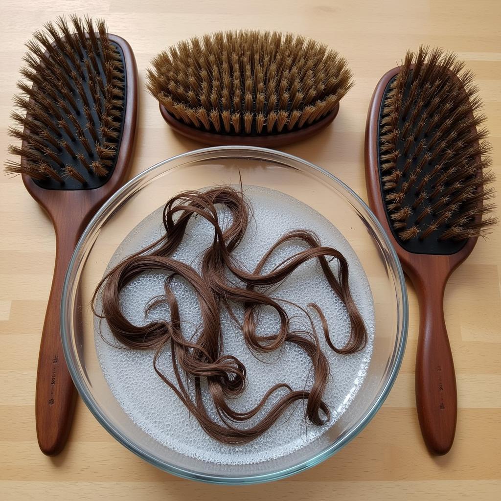 Brushes and combs laid out next to a bowl of horse hair soaking in soapy water.