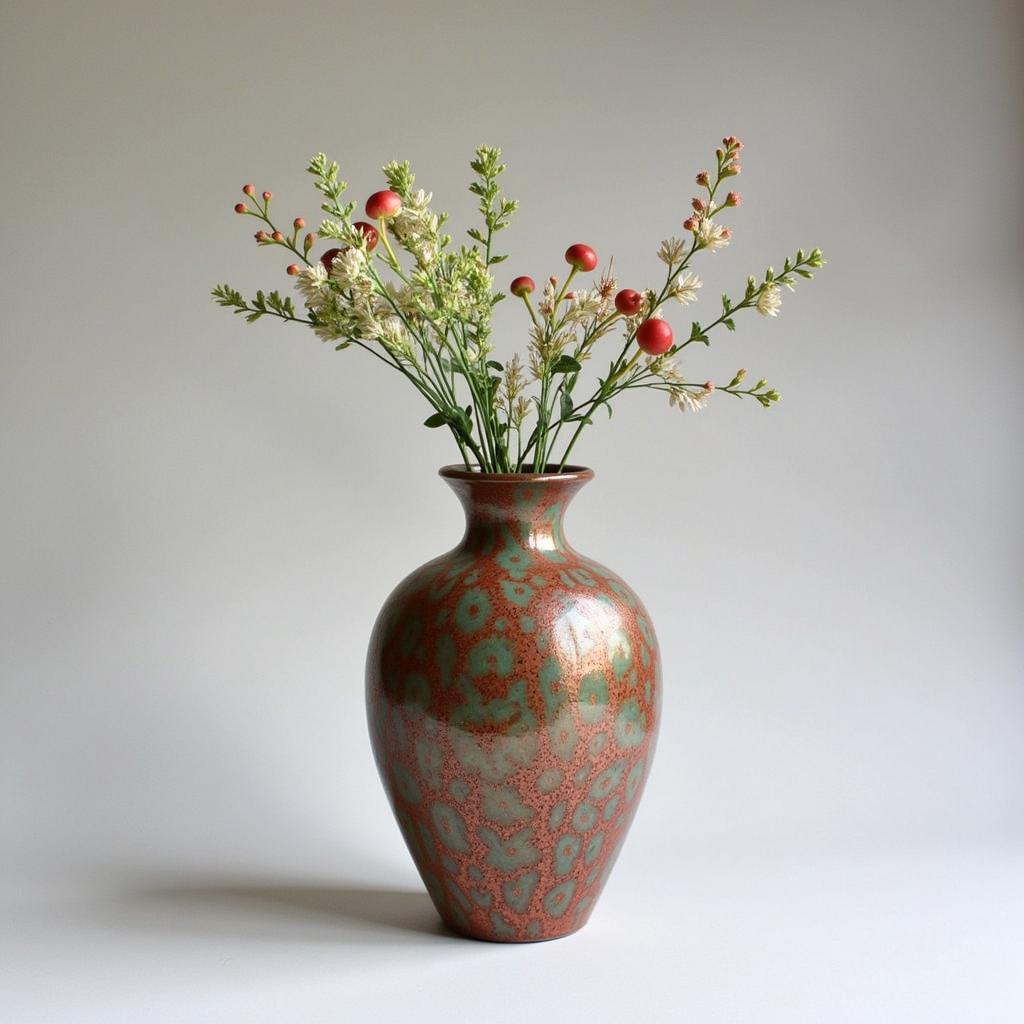  A stunning horse hair raku vase adorned with wildflowers.