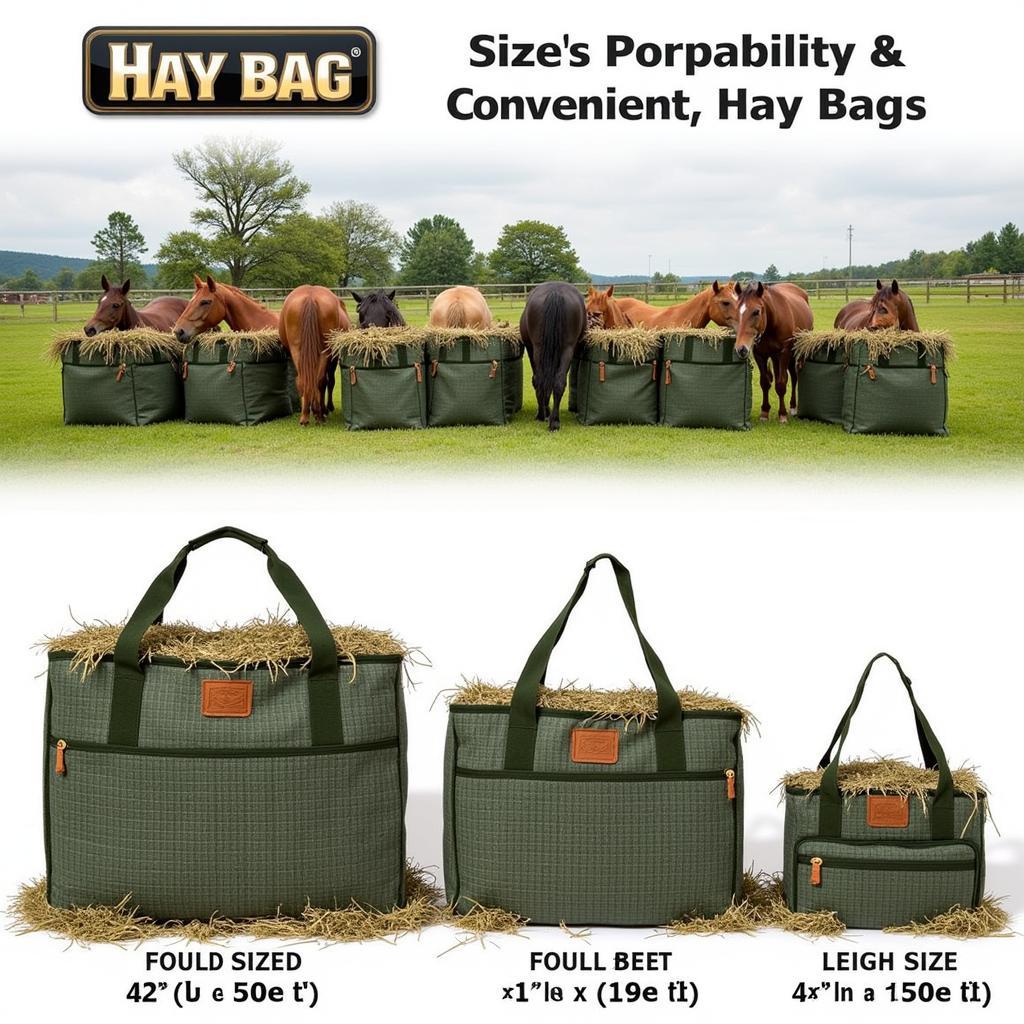 Various sizes of hay bags used in a pasture