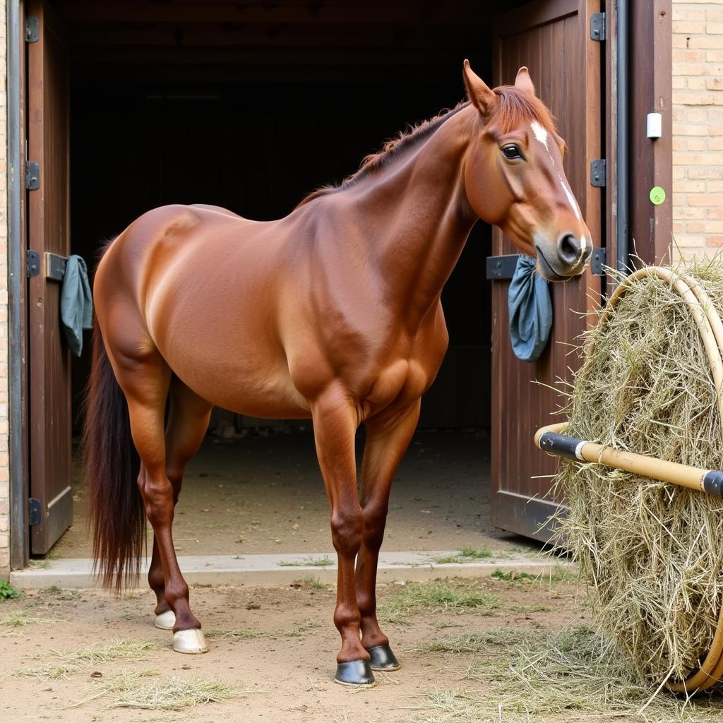 Horse using a hay bale ring in a stable