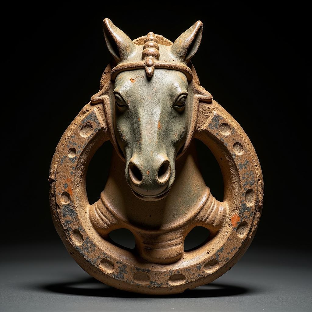 Ancient amulet depicting a horse head with horseshoe