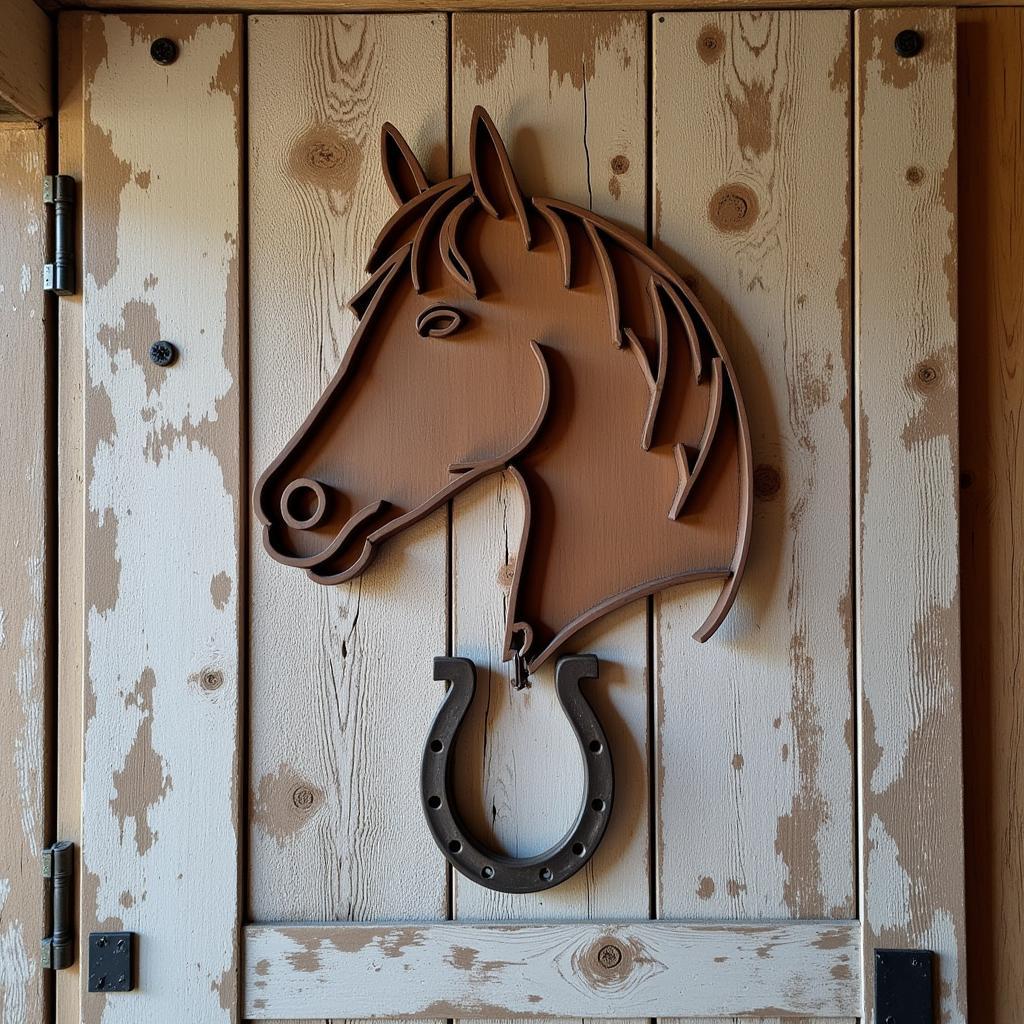 Rustic barn decor featuring a horse head with horseshoe