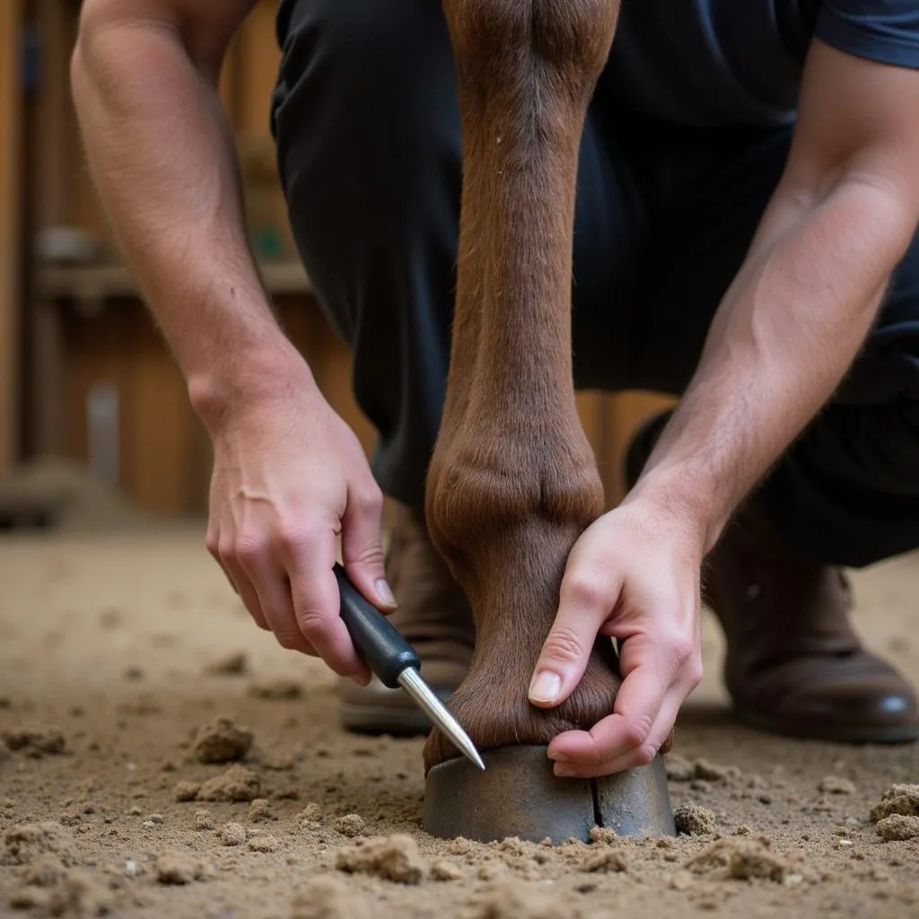 Close-up of farrier trimming a horse's hoof