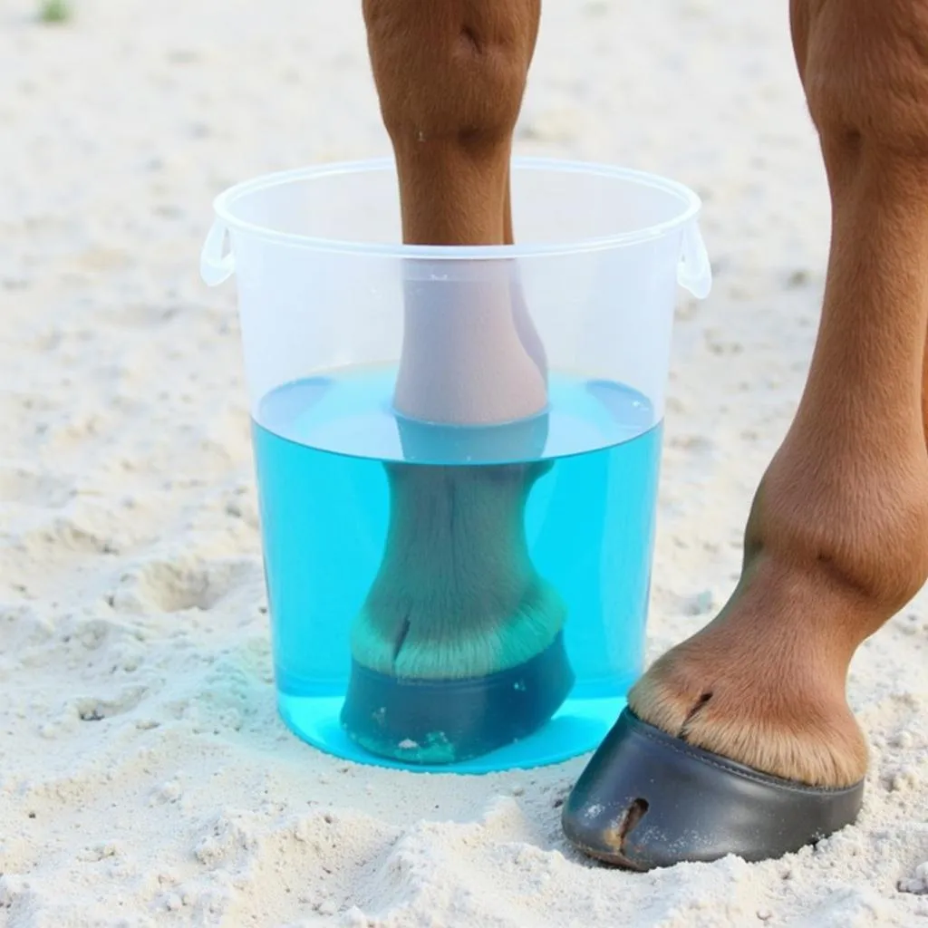 Horse hoof submerged in an Epsom salt soak