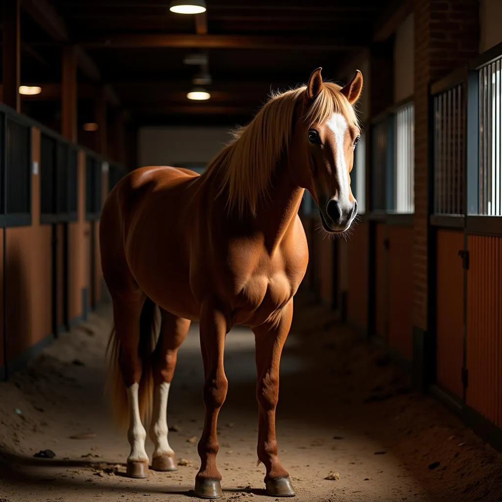 Horse standing in a well-lit stall