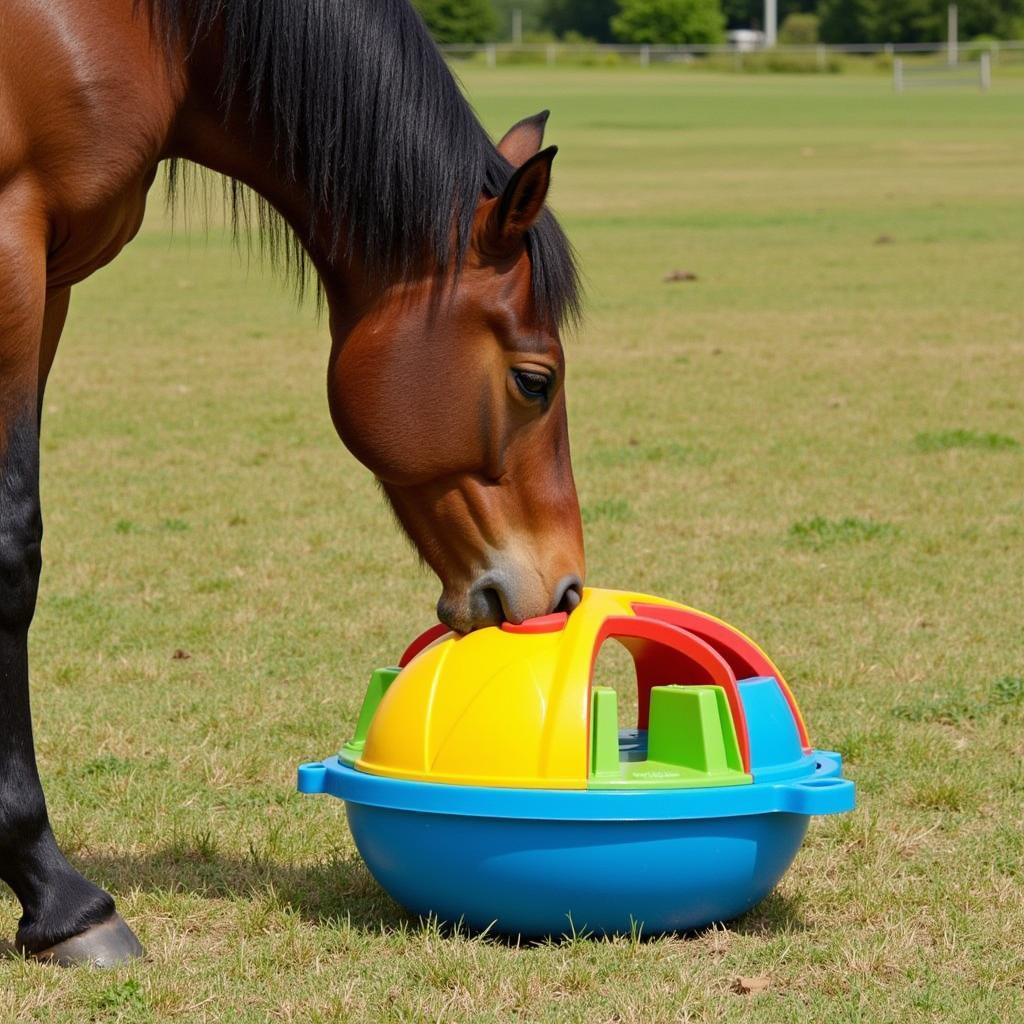 Horse Interacting with Treat Dispensing Toy