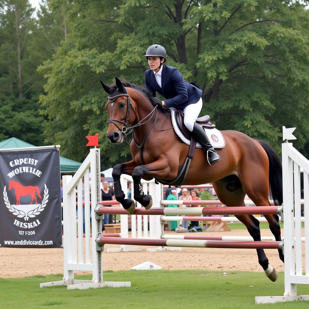  Horse jumping competition with a creative barn name sign in the background.