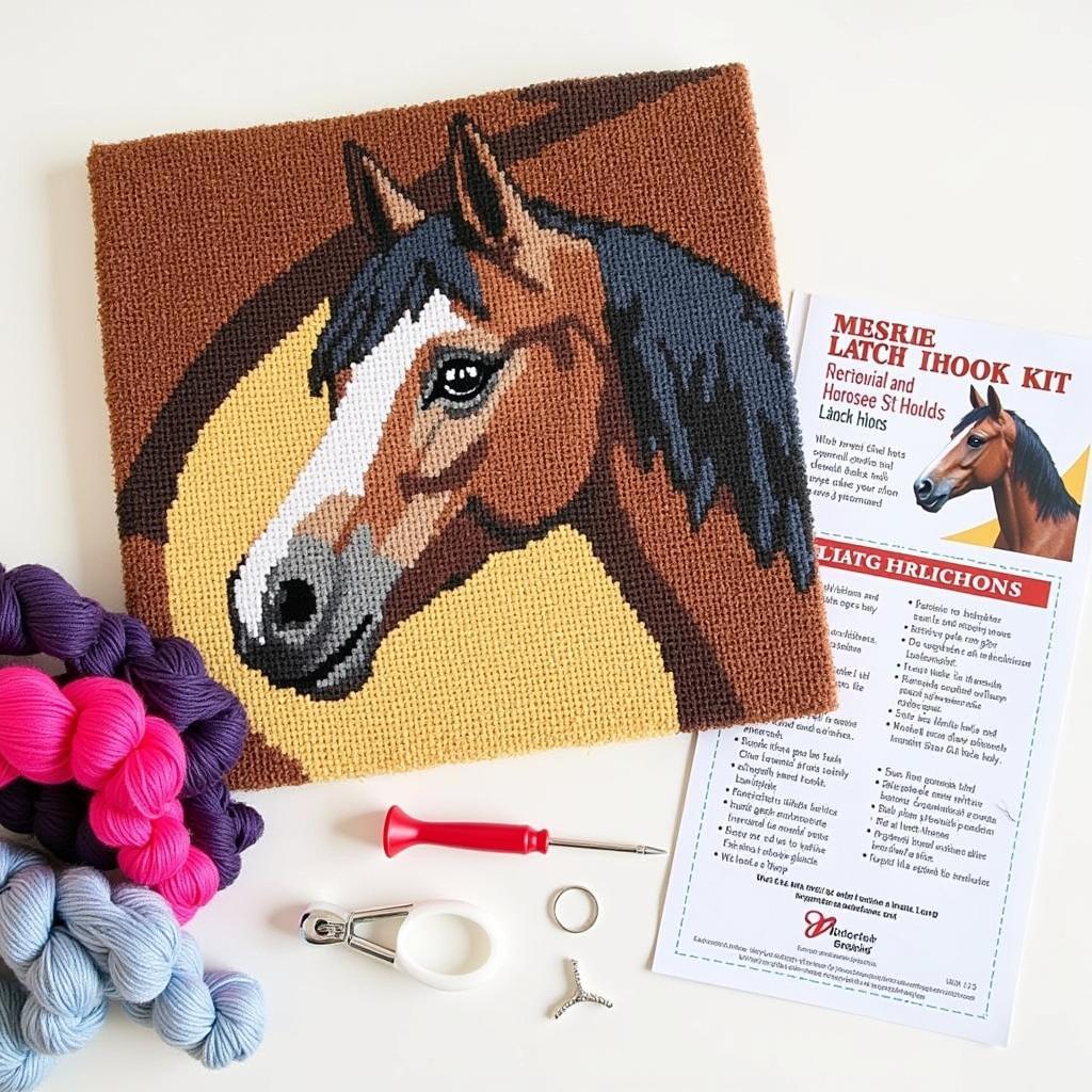 Beginner horse latch hook kit with yarn and canvas