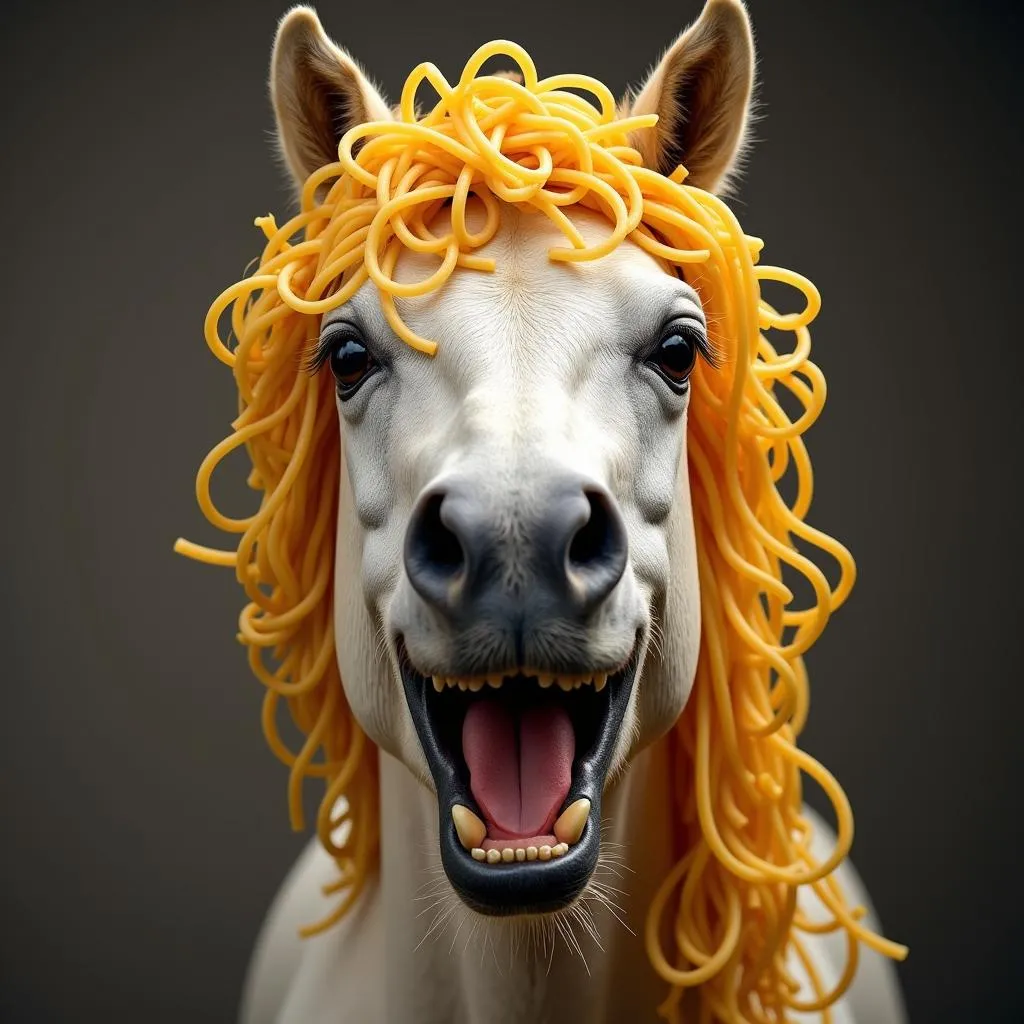 Horse Appearing to Laugh with Spaghetti on its Head