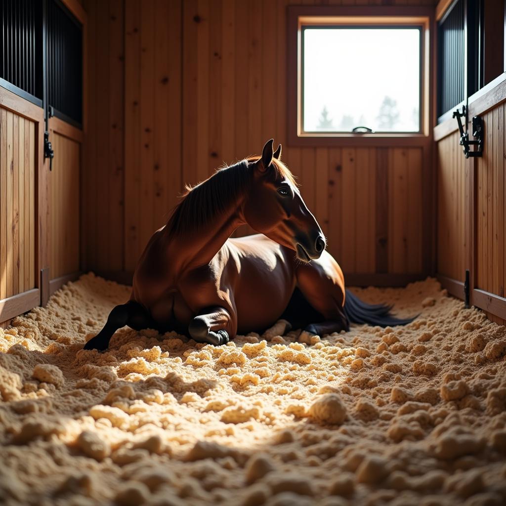 Horse comfortably resting on Clean Trax bedding