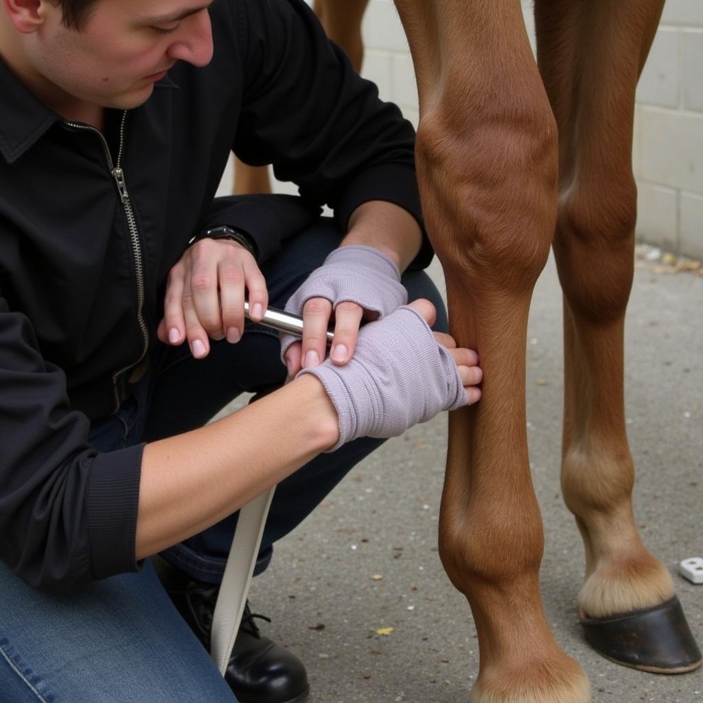 Horse Leg Bandaged after Applying Ointment Cream