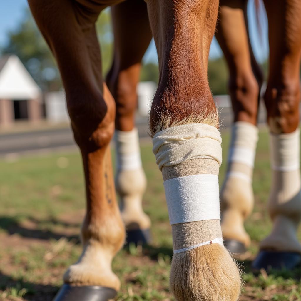 Horse leg with a bandage and drawing salve applied