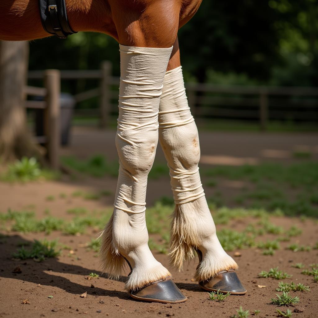 Equine leg wrapped in a poultice