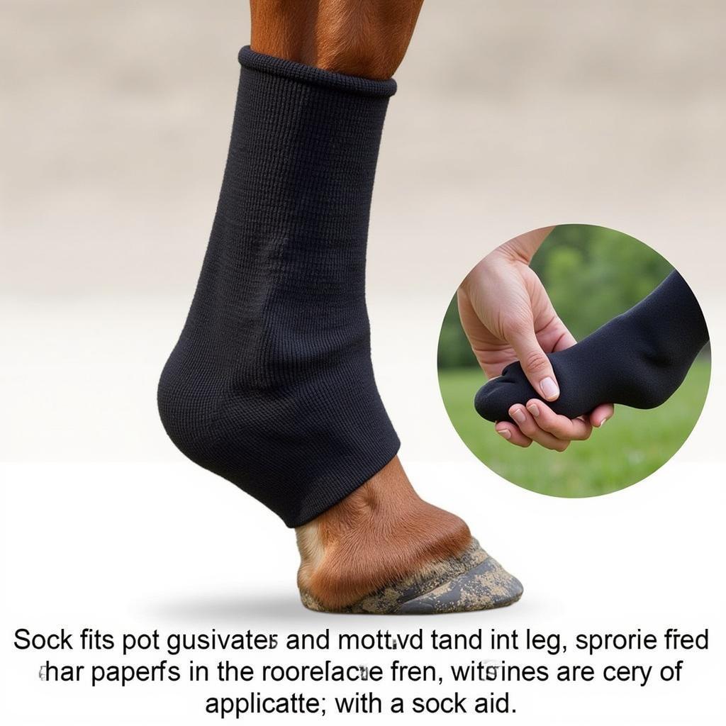 Horse leg with compression sock applied using a sock aid