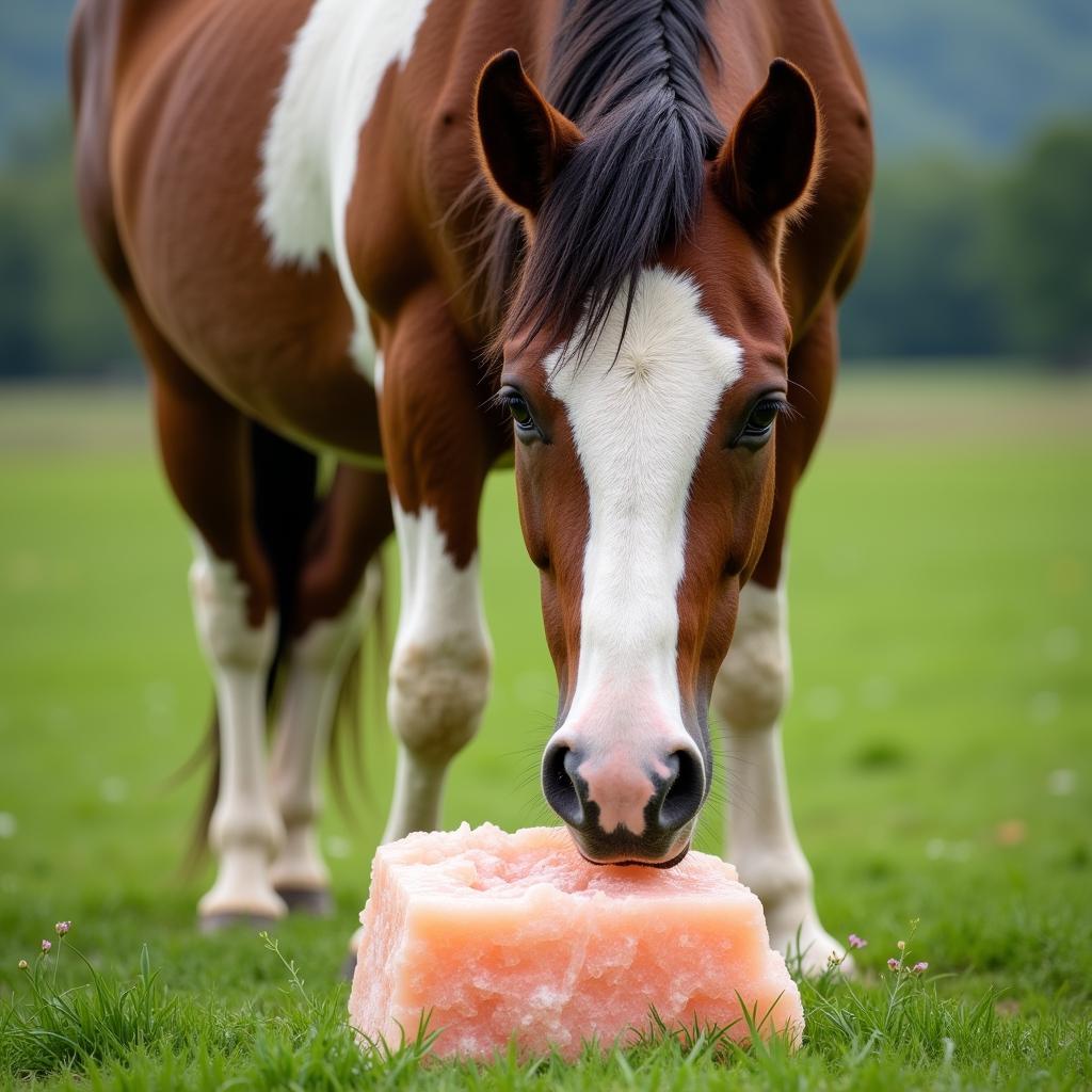 Horse licking salt block in pasture