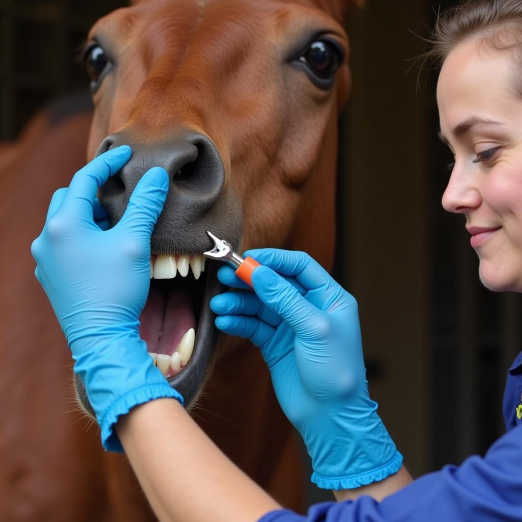 Veterinarian checking a horse's teeth