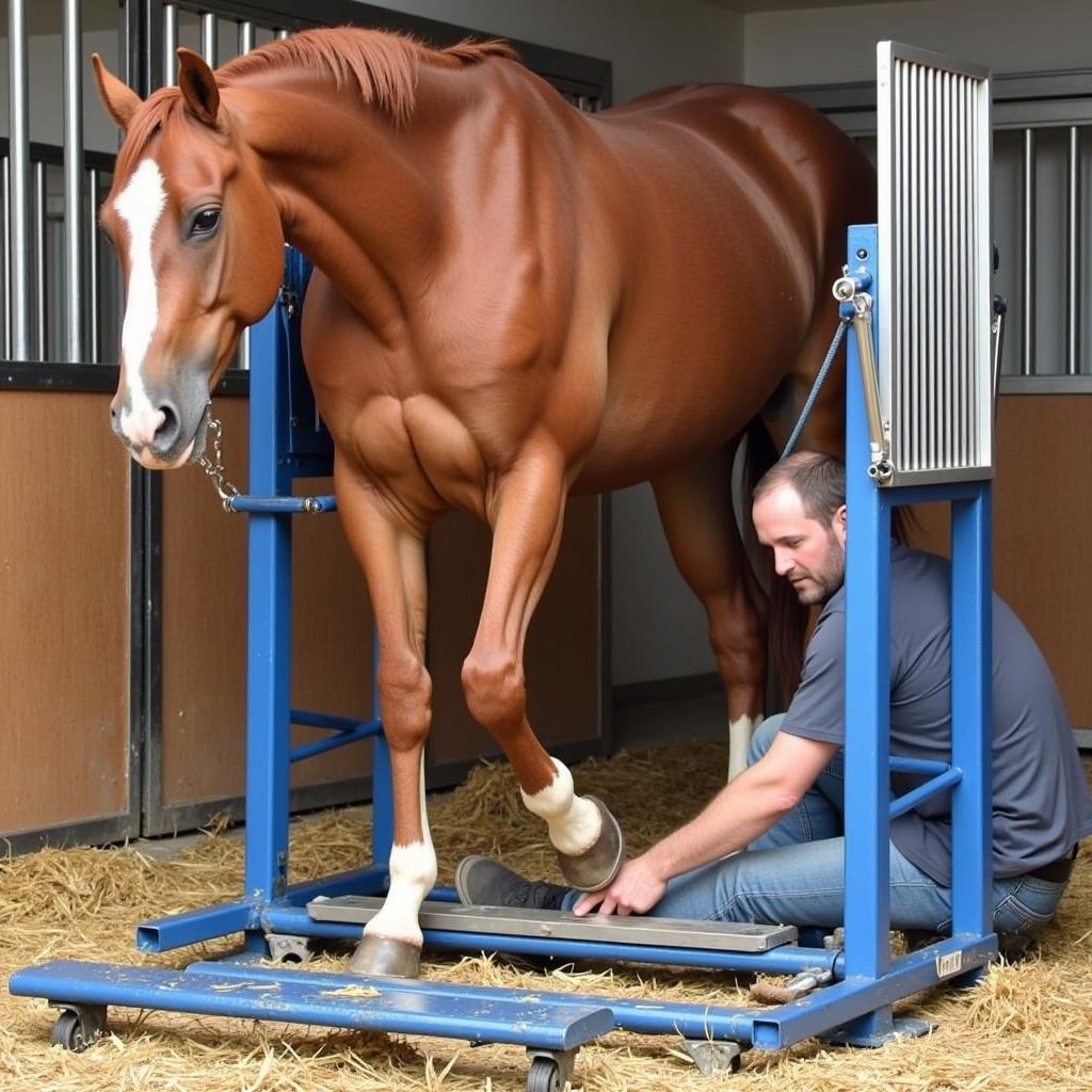 Horse lift being used to assist a farrier