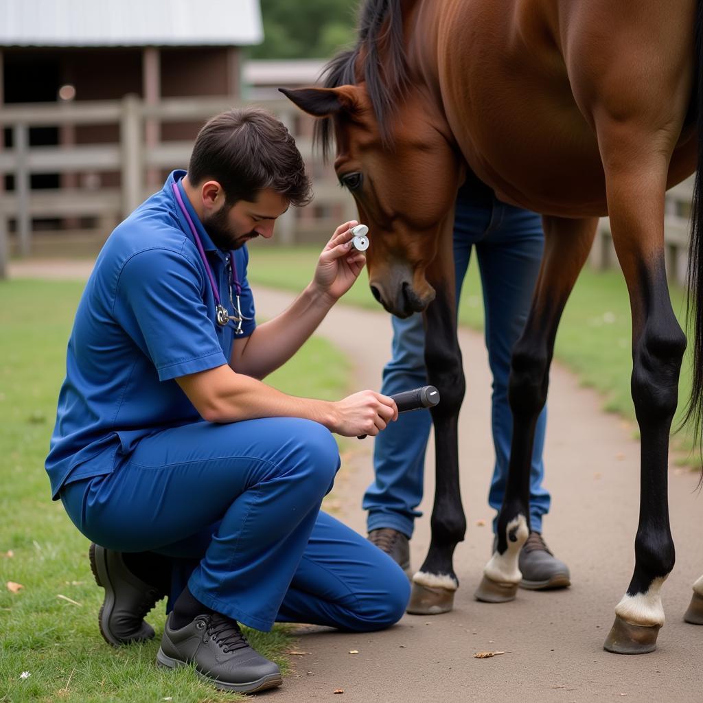 Veterinarian examining a horse's leg for lameness