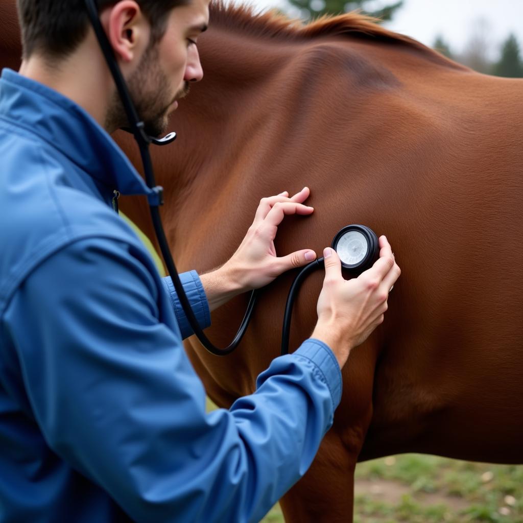 Veterinarian listening to a horse's gut with a stethoscope.