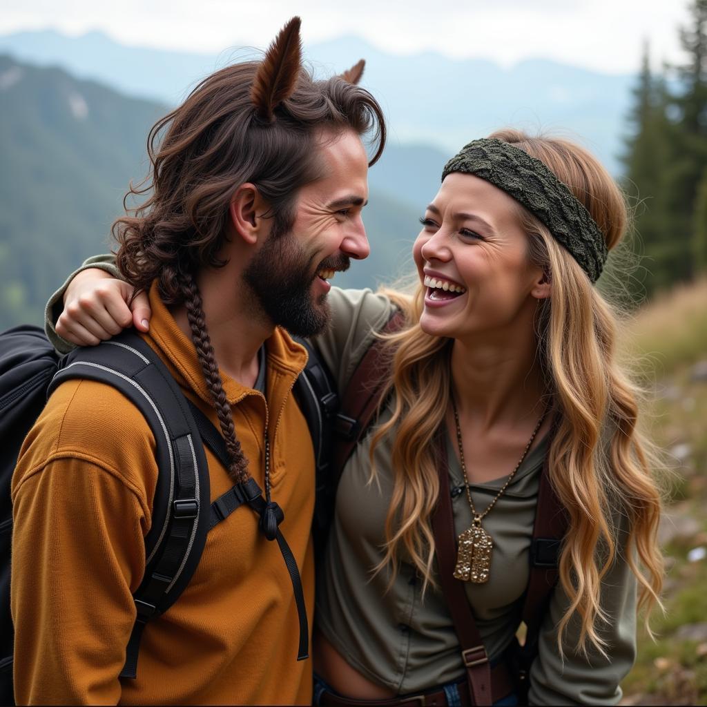 A Horse Man and Snake Woman laughing together outdoors