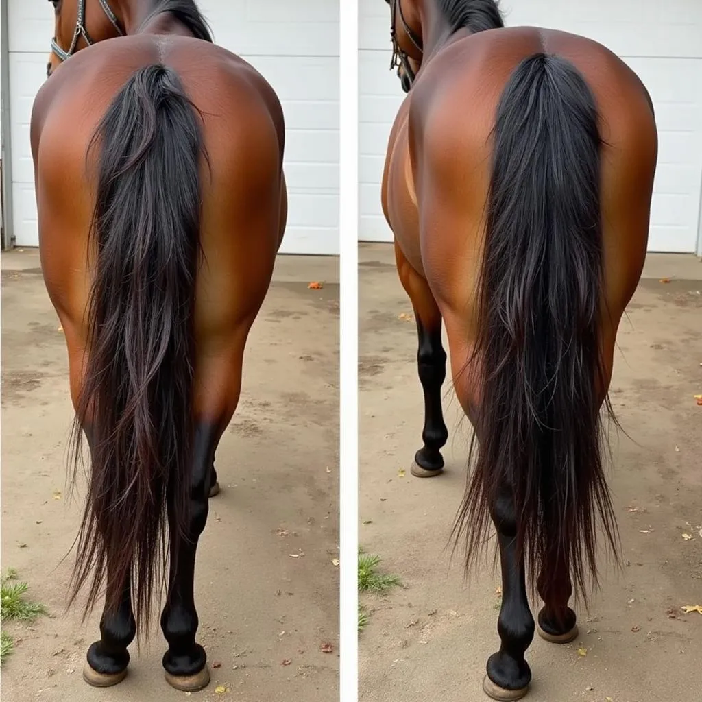 Comparison of a horse's mane and tail before and after using leave-in conditioner