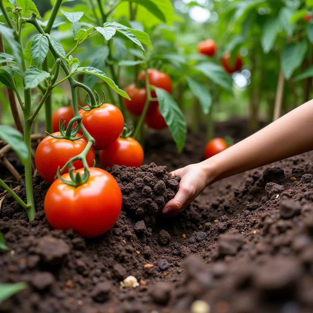 Horse manure being spread around tomato plants