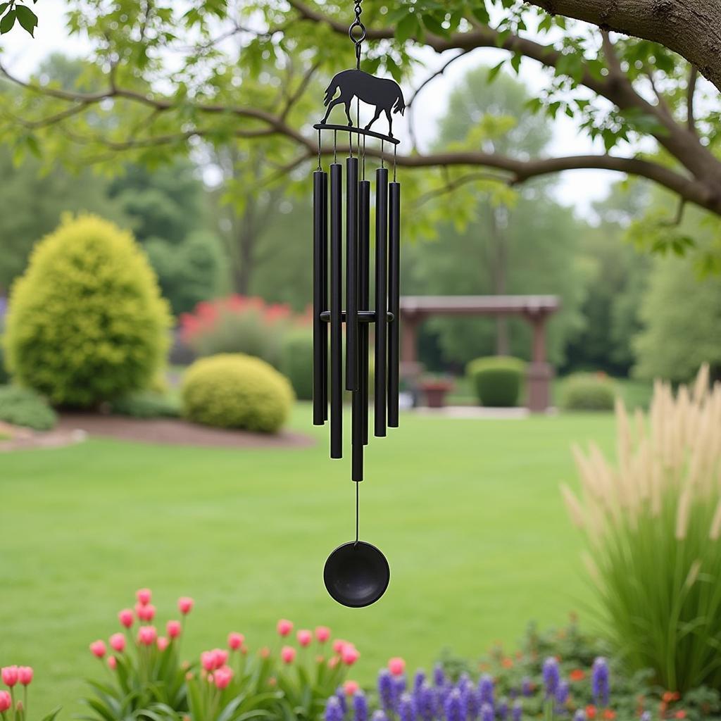 A horse-themed wind chime hanging from a tree branch in a garden.