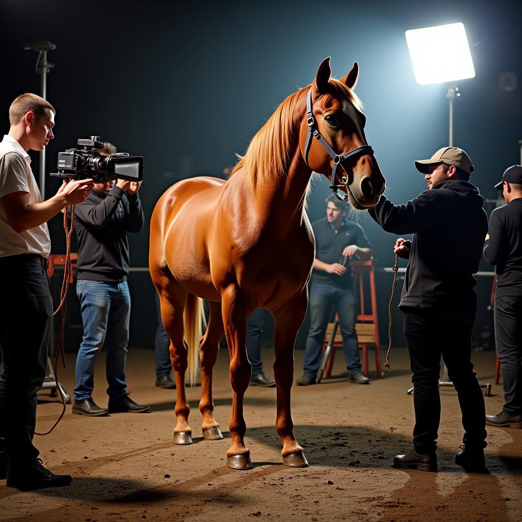 A chestnut horse model on set with a film crew