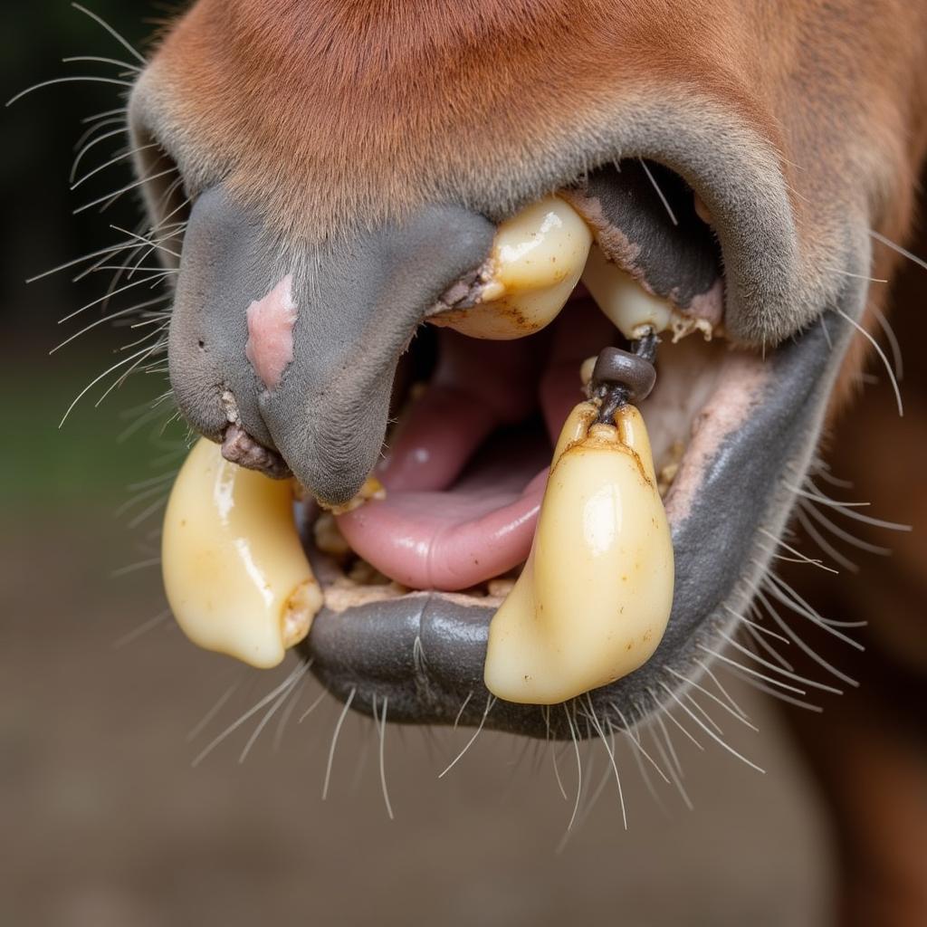 Close-up of horse incisors showing signs of nash