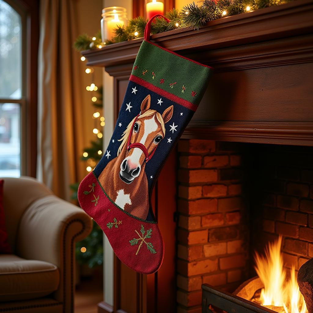 A horse needlepoint stocking hung on a fireplace mantle