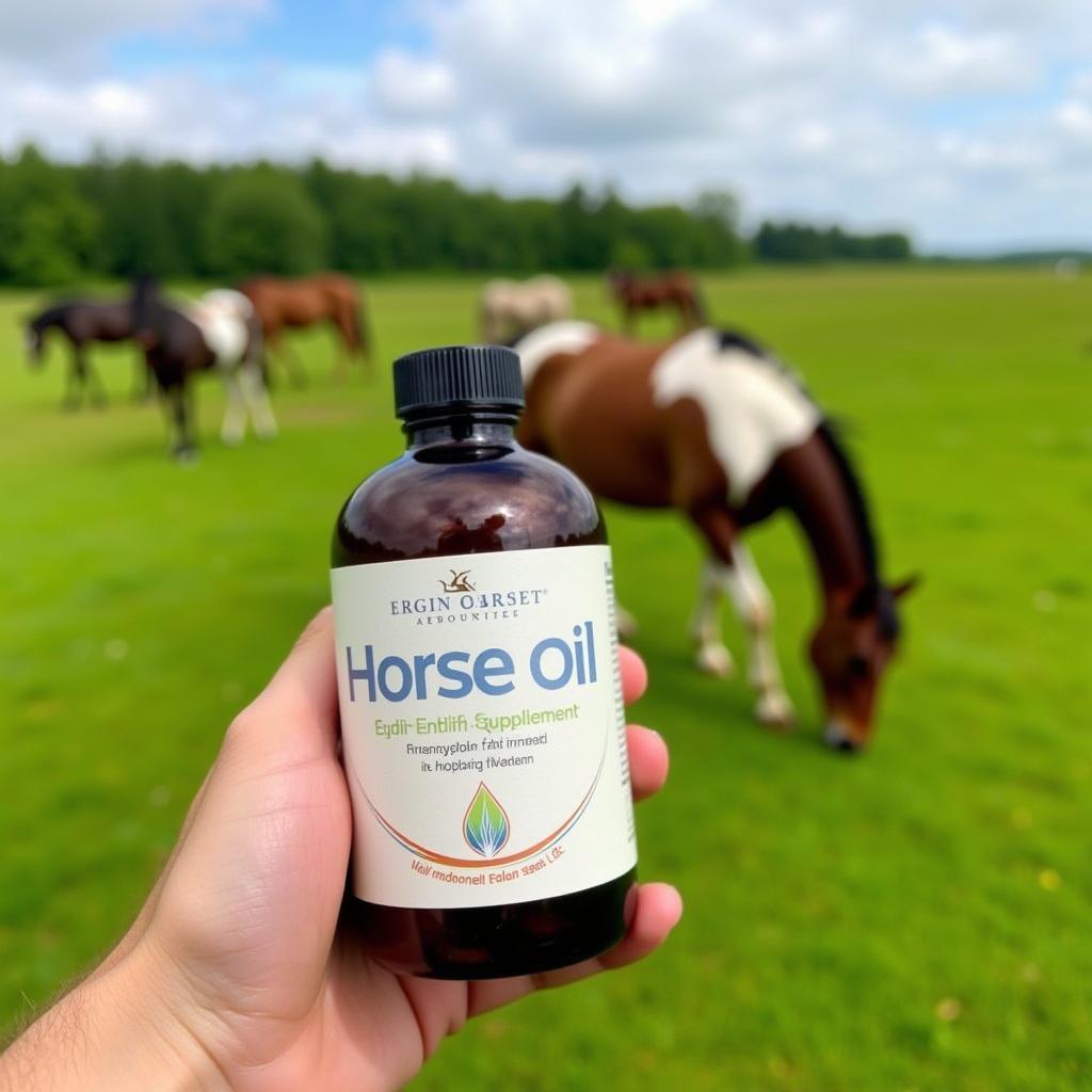 Horse Oil Supplement Bottle in Pasture