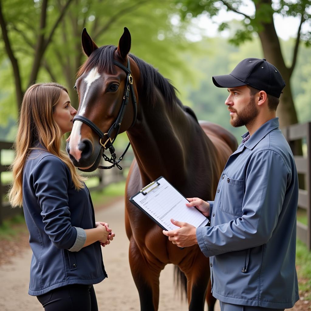 horse owner consults with veterinarian