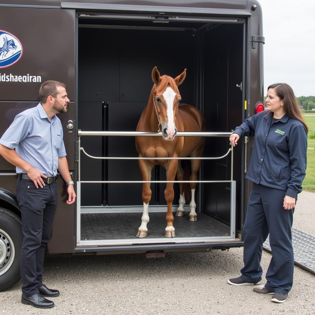 Horse owner and veterinarian discussing a horse lift