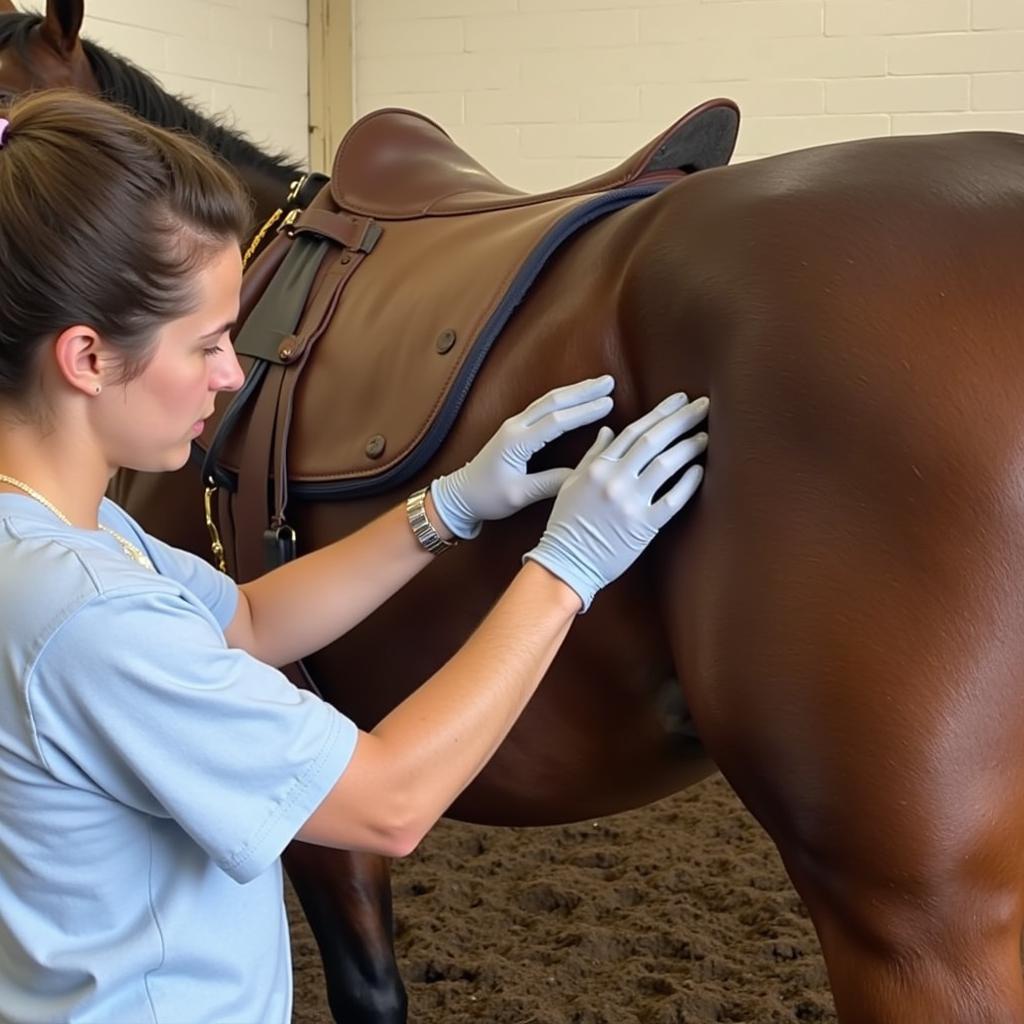 Horse Owner Applying Topical Flea and Tick Treatment