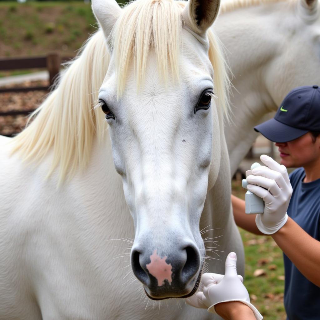 Horse owner applying whitening shampoo