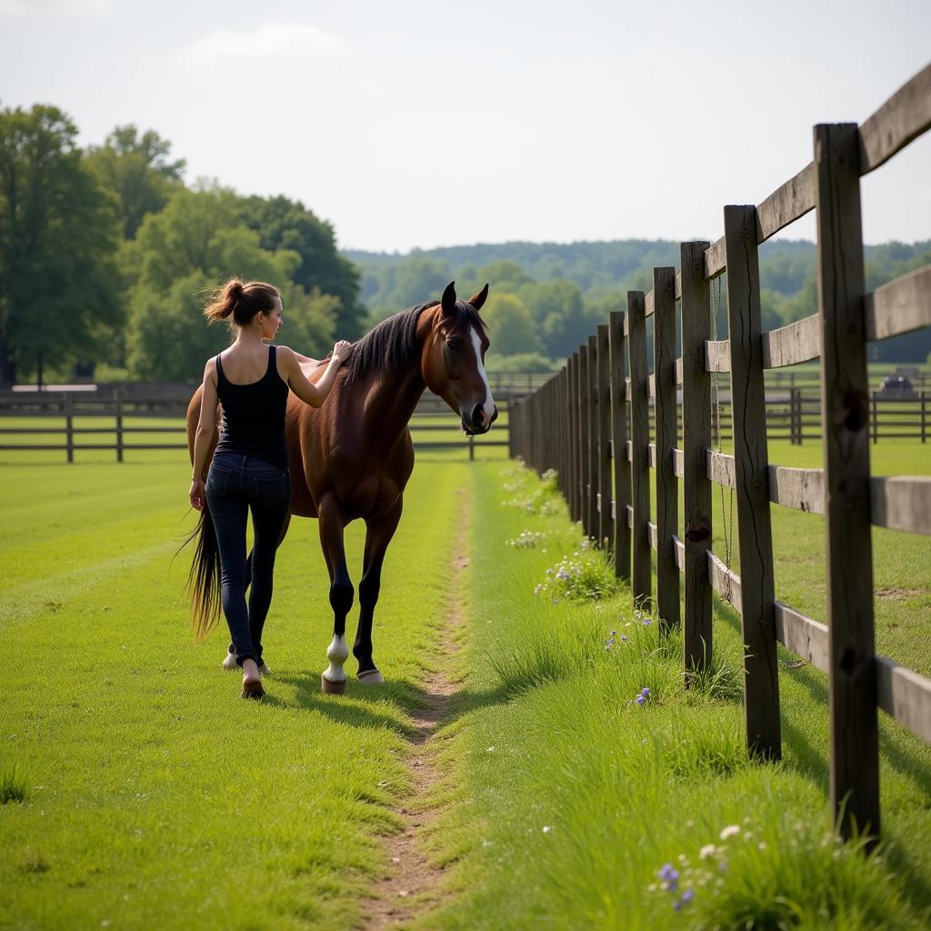 Horse Owner Inspecting Fence Line in a Pasture