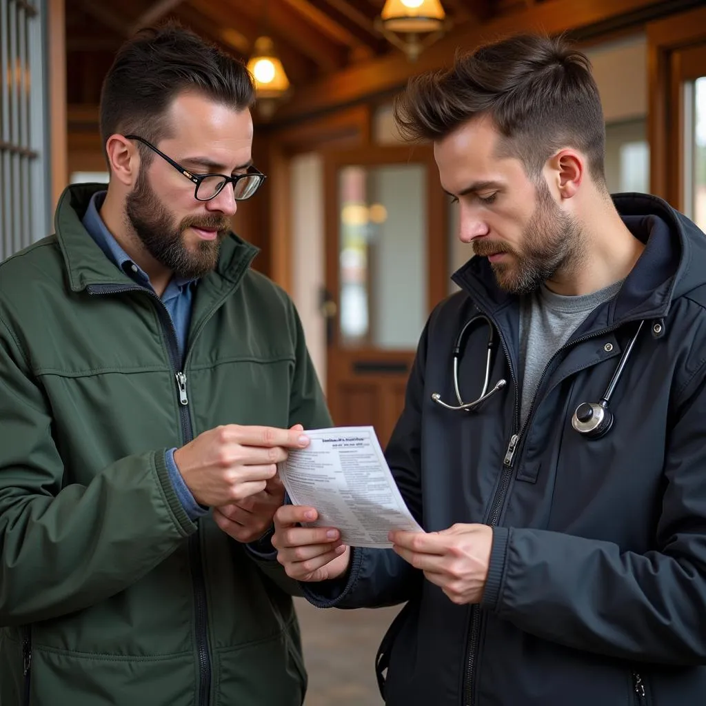 Horse Owner Checking Medication Label with Veterinarian