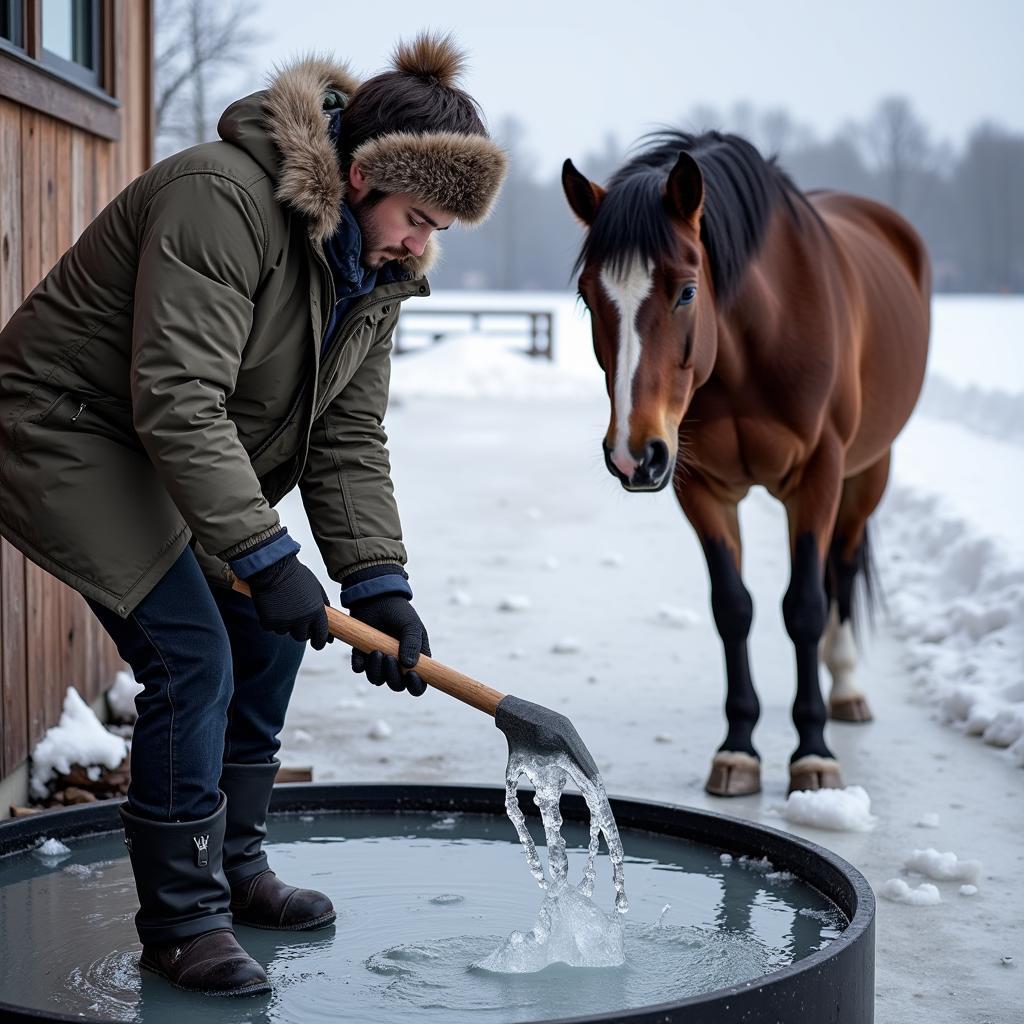 Horse Owner Checking Water Trough in Winter