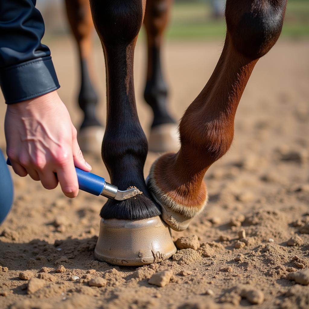 Horse owner diligently cleaning a horse's hoof