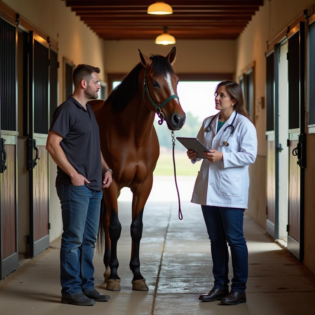 Horse owner consulting with veterinarian about calming options