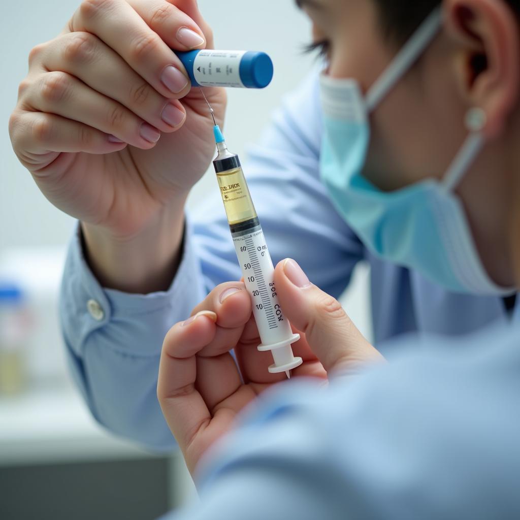 A horse owner filling a dosing syringe with liquid medication.